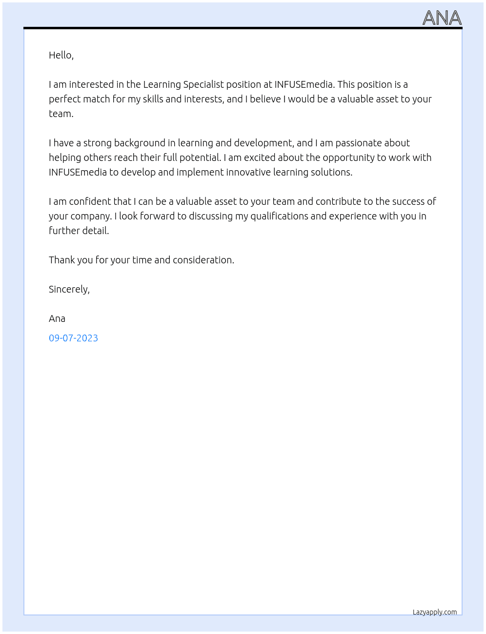 Learning specialist At INFUSEmedia  Cover Letter