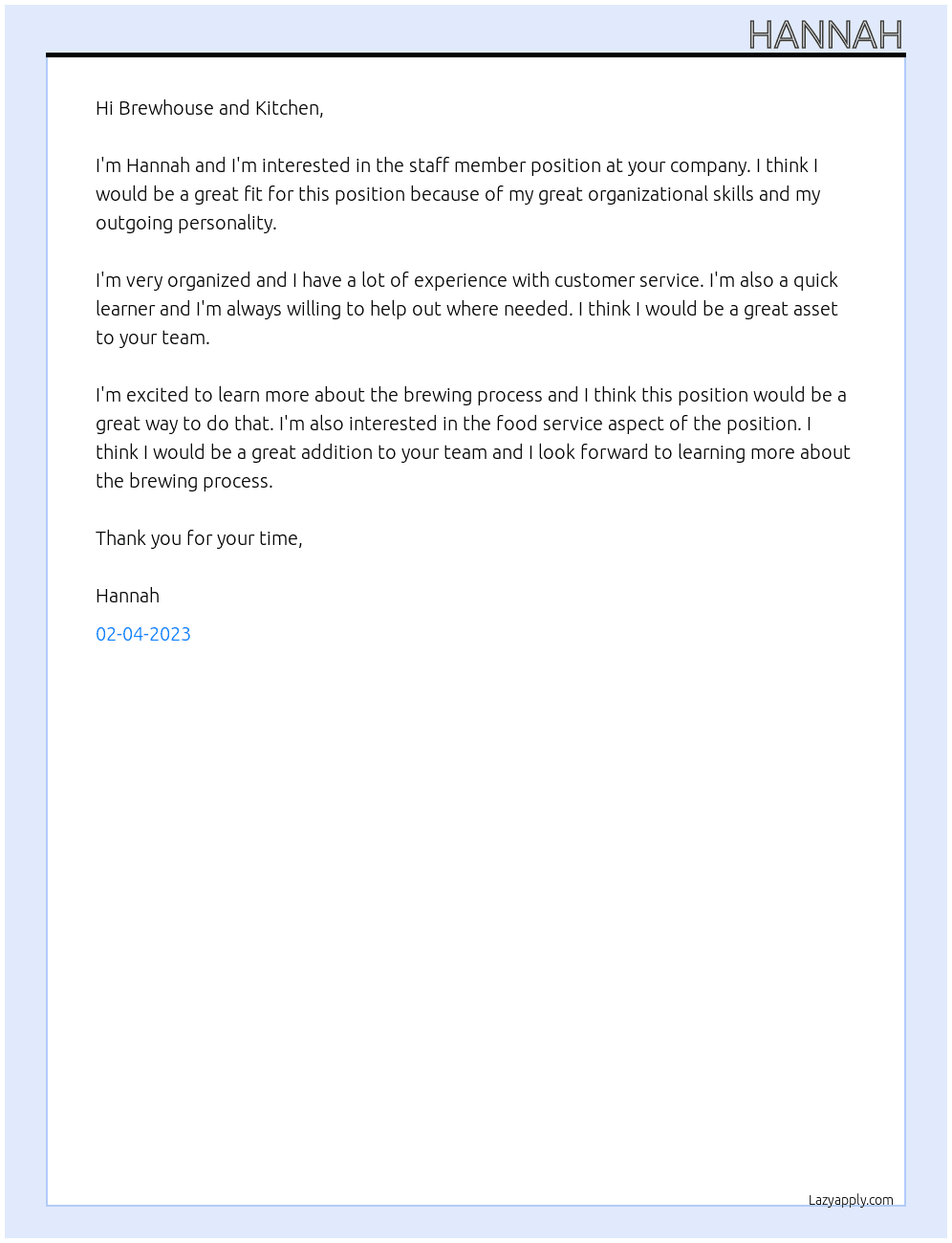 Staff member  At Brewhouse and Kitchen Cover Letter