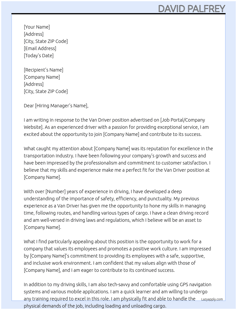 Van driver At Paul Trivett Transport Cover Letter