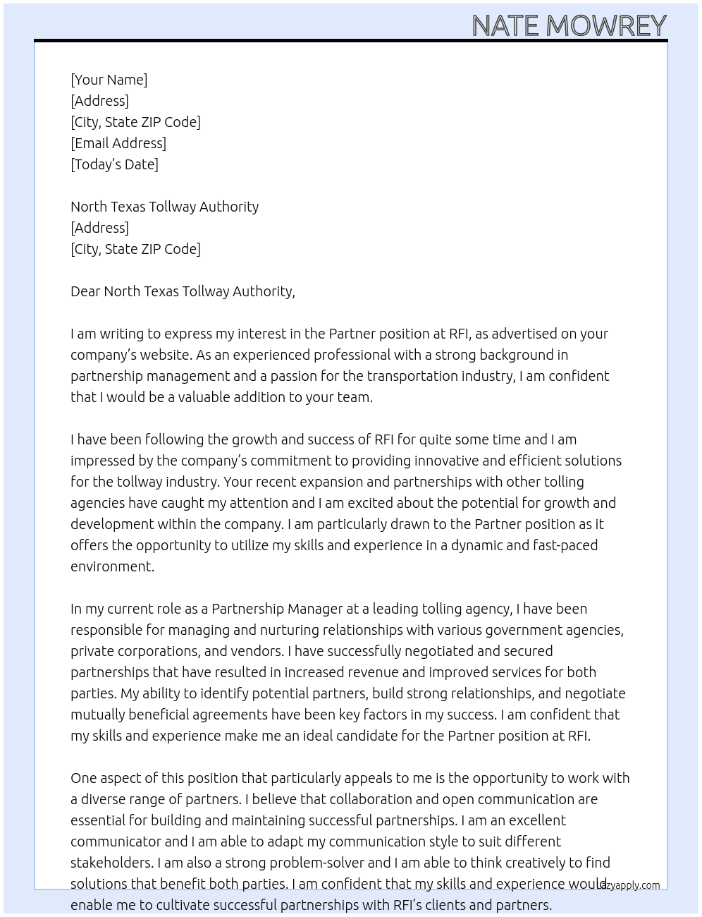 Partner At RFI Cover Letter