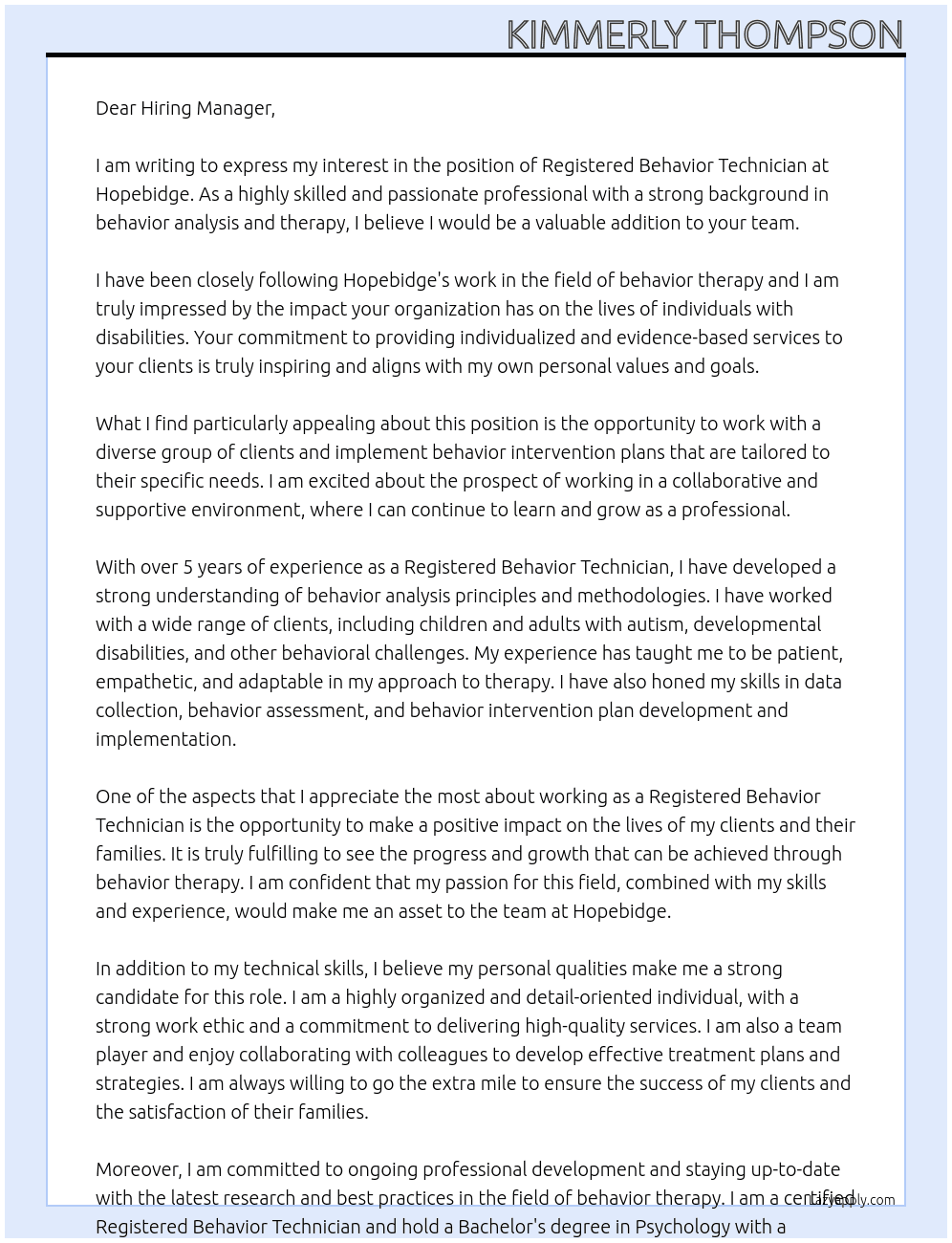 Registered behavior technician  At Hopebidge Cover Letter