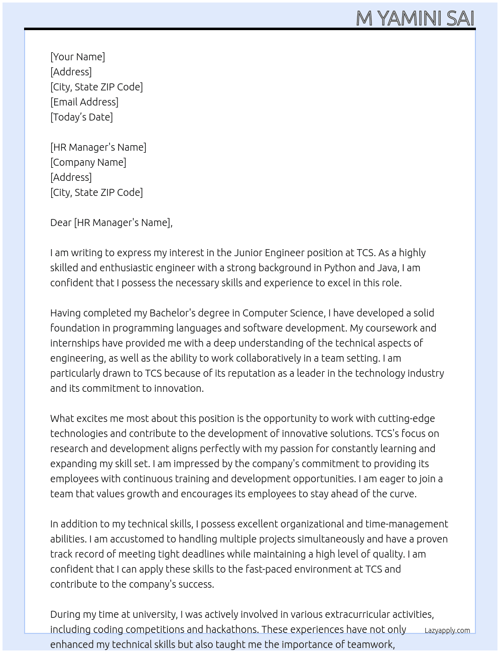 Junior engineer At TCS Cover Letter