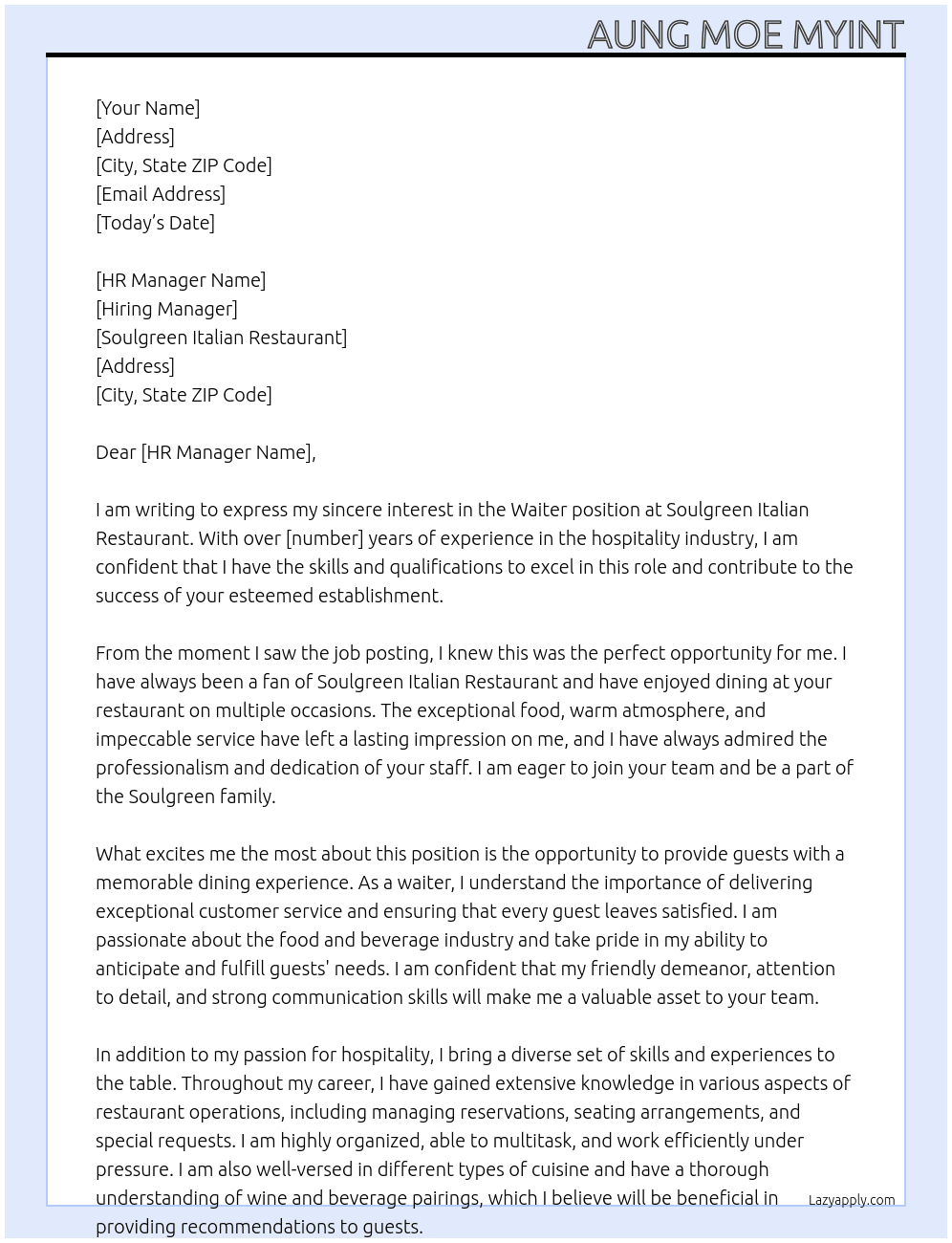 Waiter At soulgreen Italian restaurant Cover Letter
