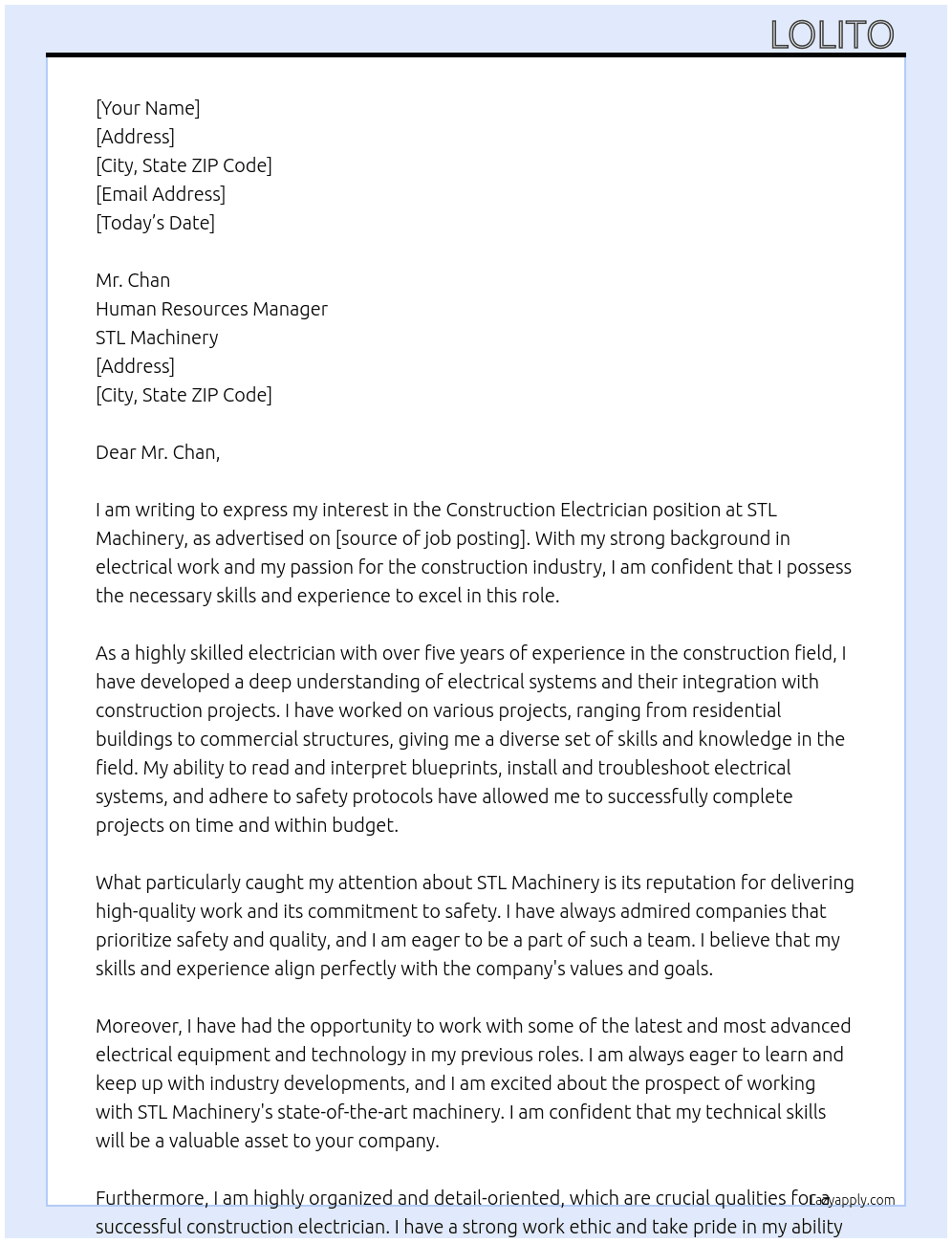 Construction electrician  At STL MACHINERY  Cover Letter