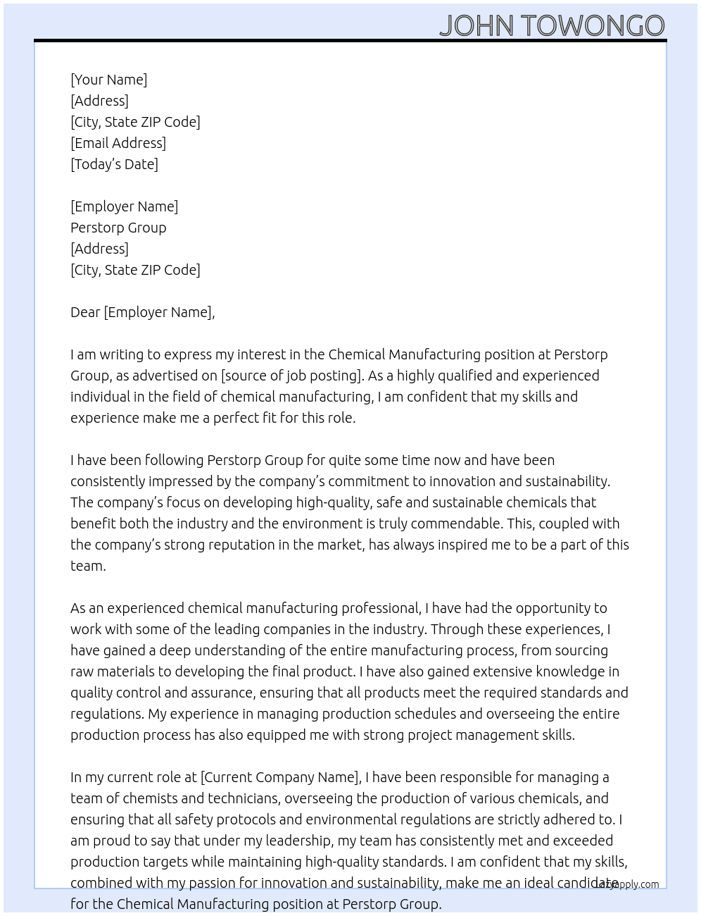 Chemical Manufacturing At Perstorp Group  Cover Letter
