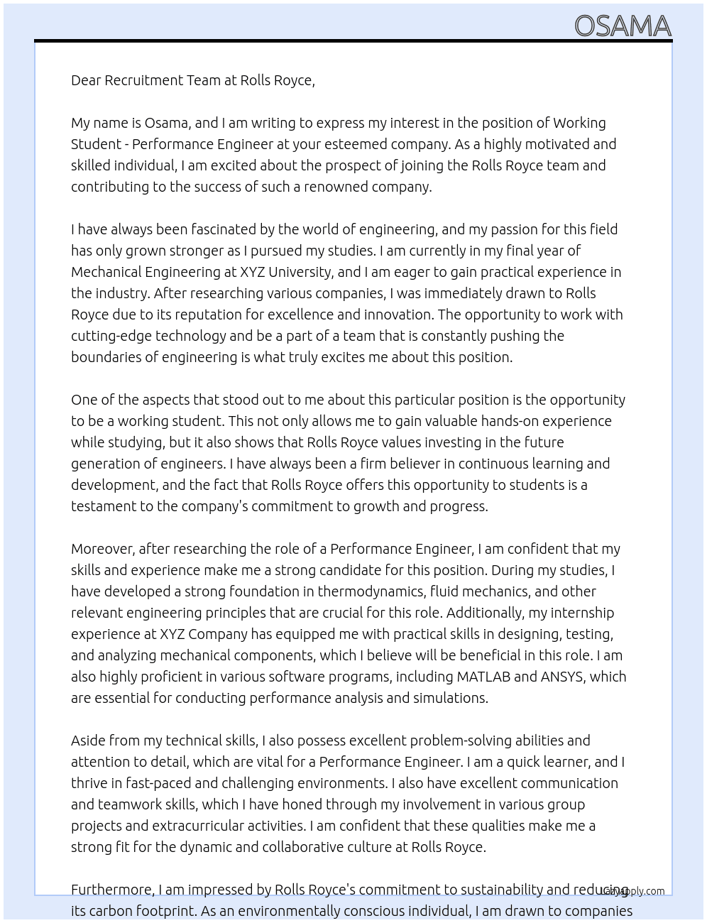 working student - performance engineer At Rolls Royce Cover Letter