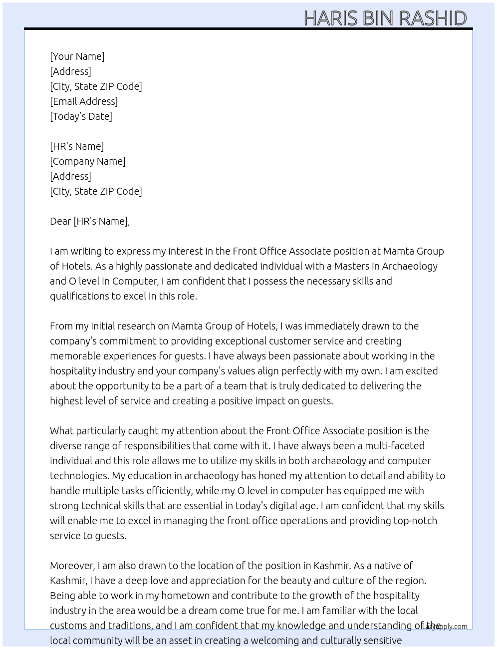 Front office associate  At Mamta group of hotels Cover Letter