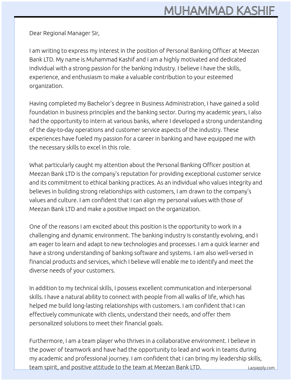 Personal Banking Officer  At Meezan Bank LTD  Cover Letter