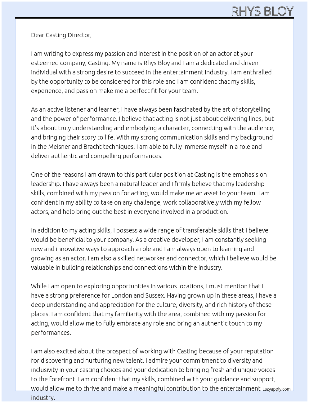 actor At Casting Cover Letter