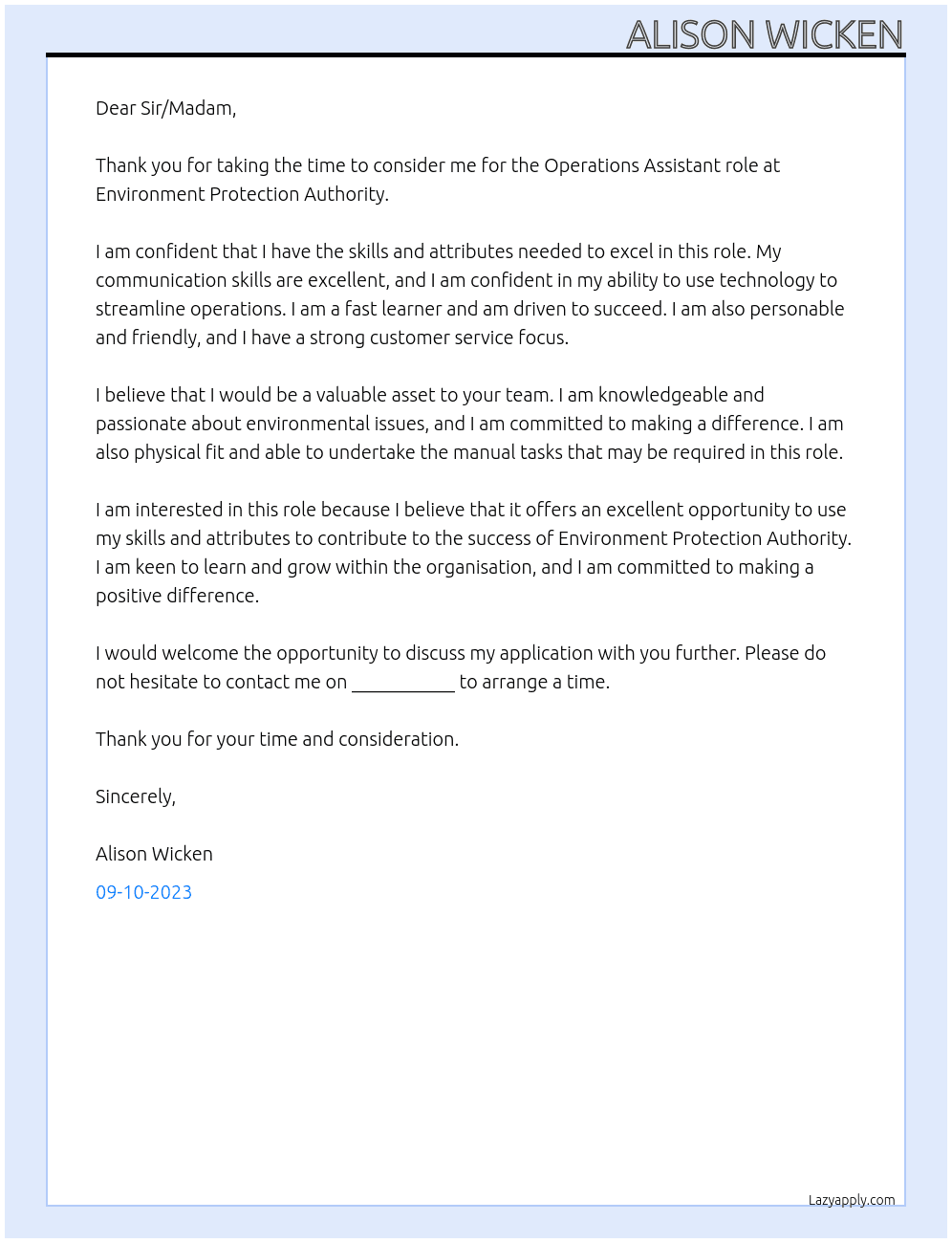 Operations assistant At Environment Protection Authority Cover Letter