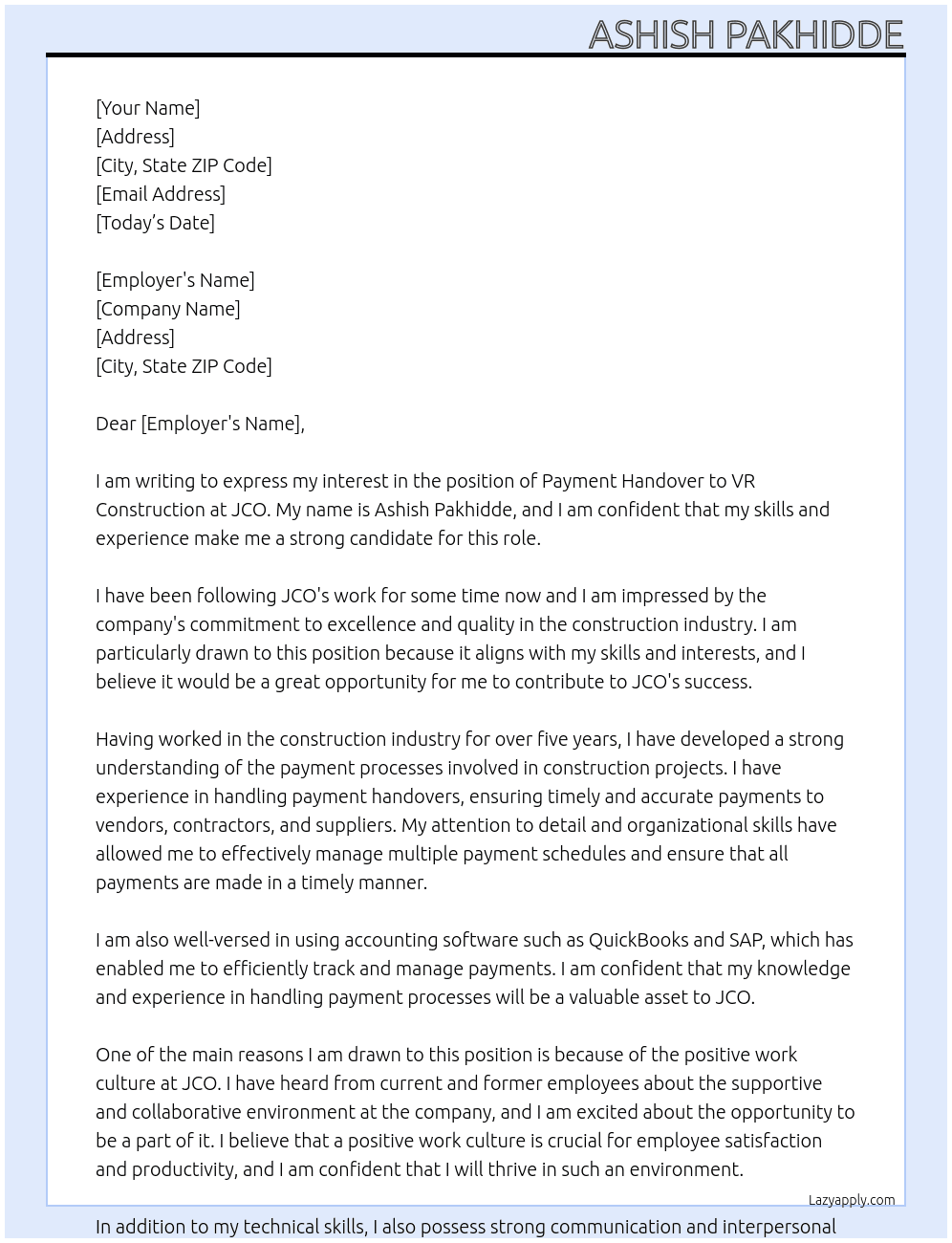 FOR PAYMENT HANDOVER TO VR CONSTRUCTION  At JCO  Cover Letter