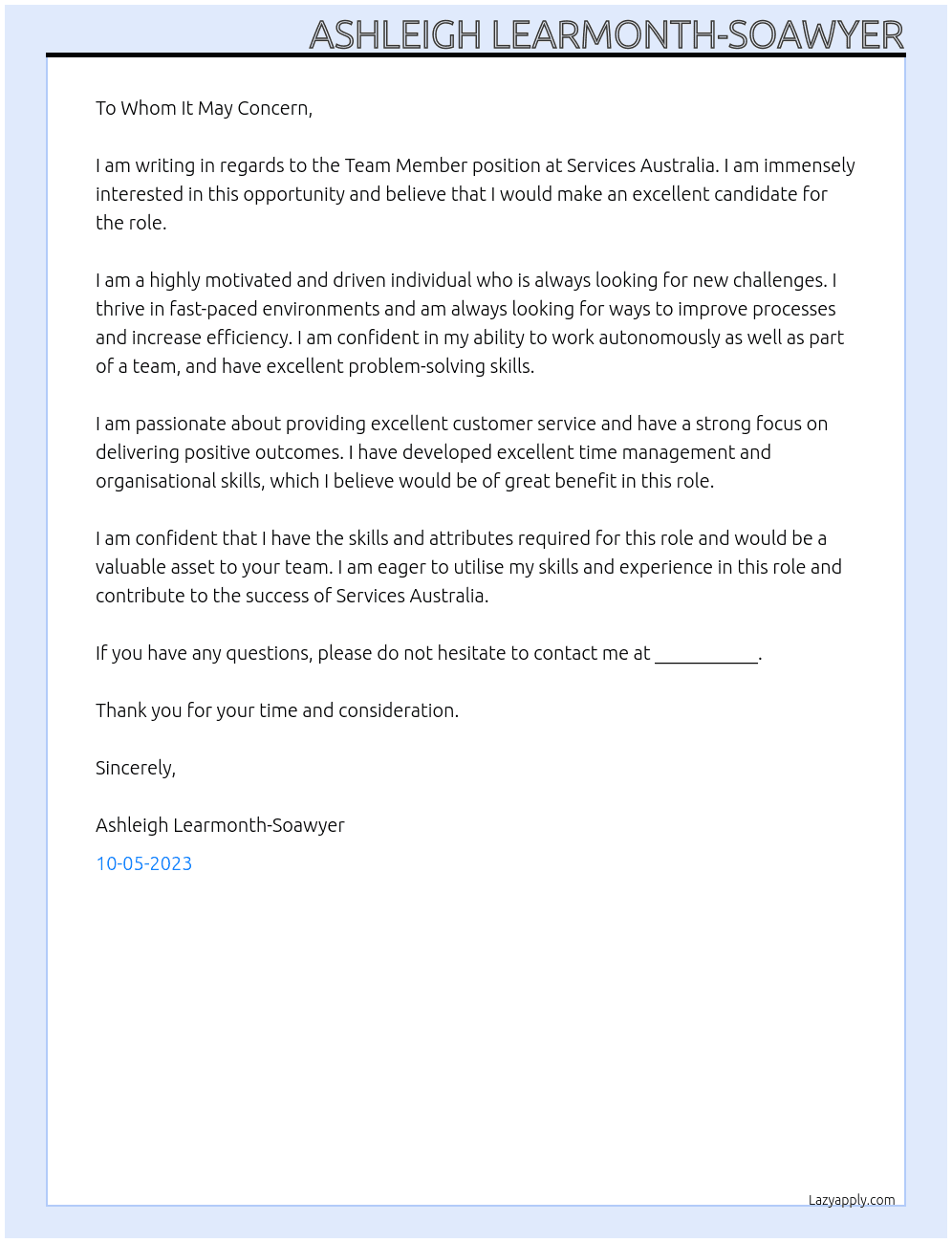 Team Member At Services Austraila Cover Letter