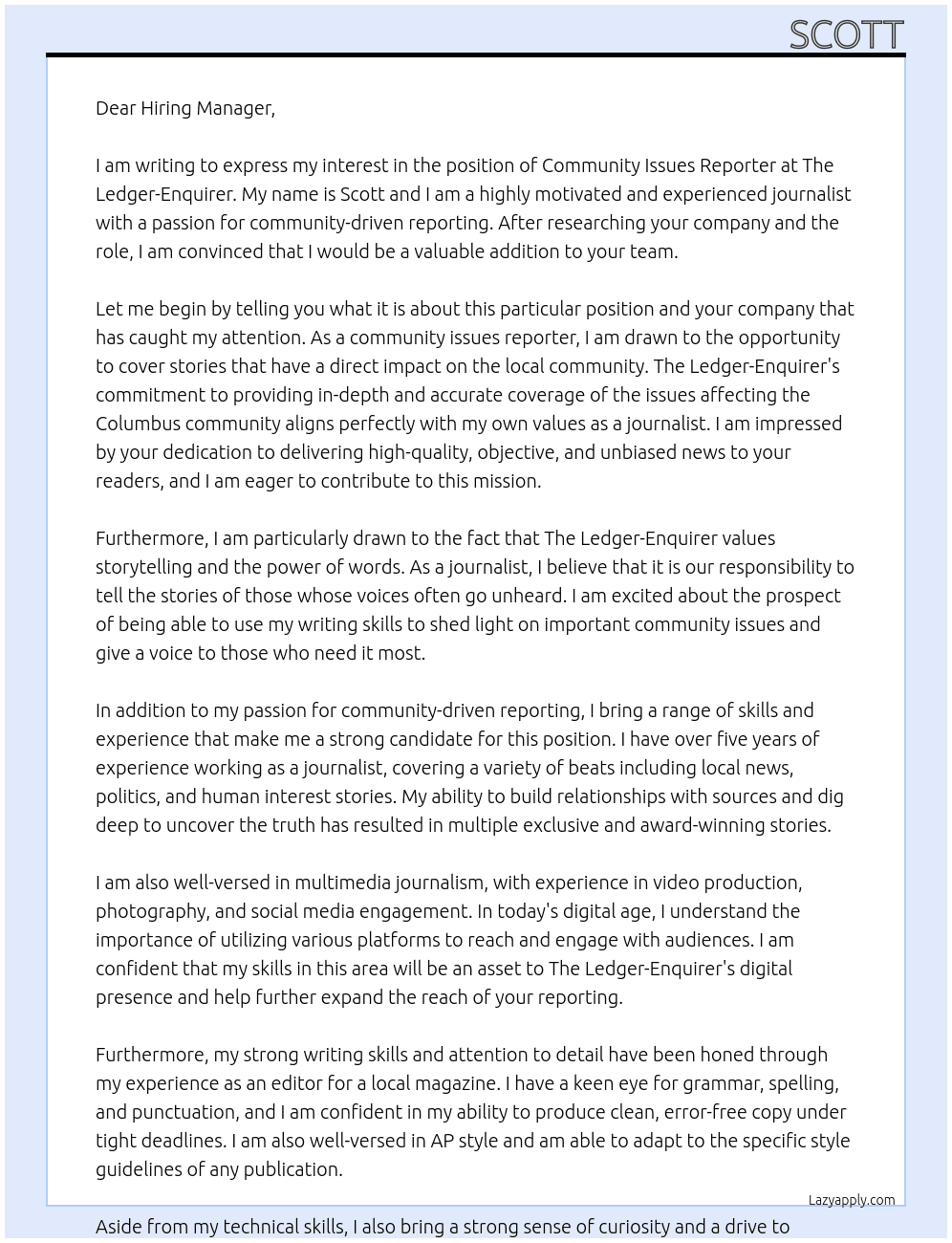 community issues reporter At The Ledger-Enquirer Cover Letter