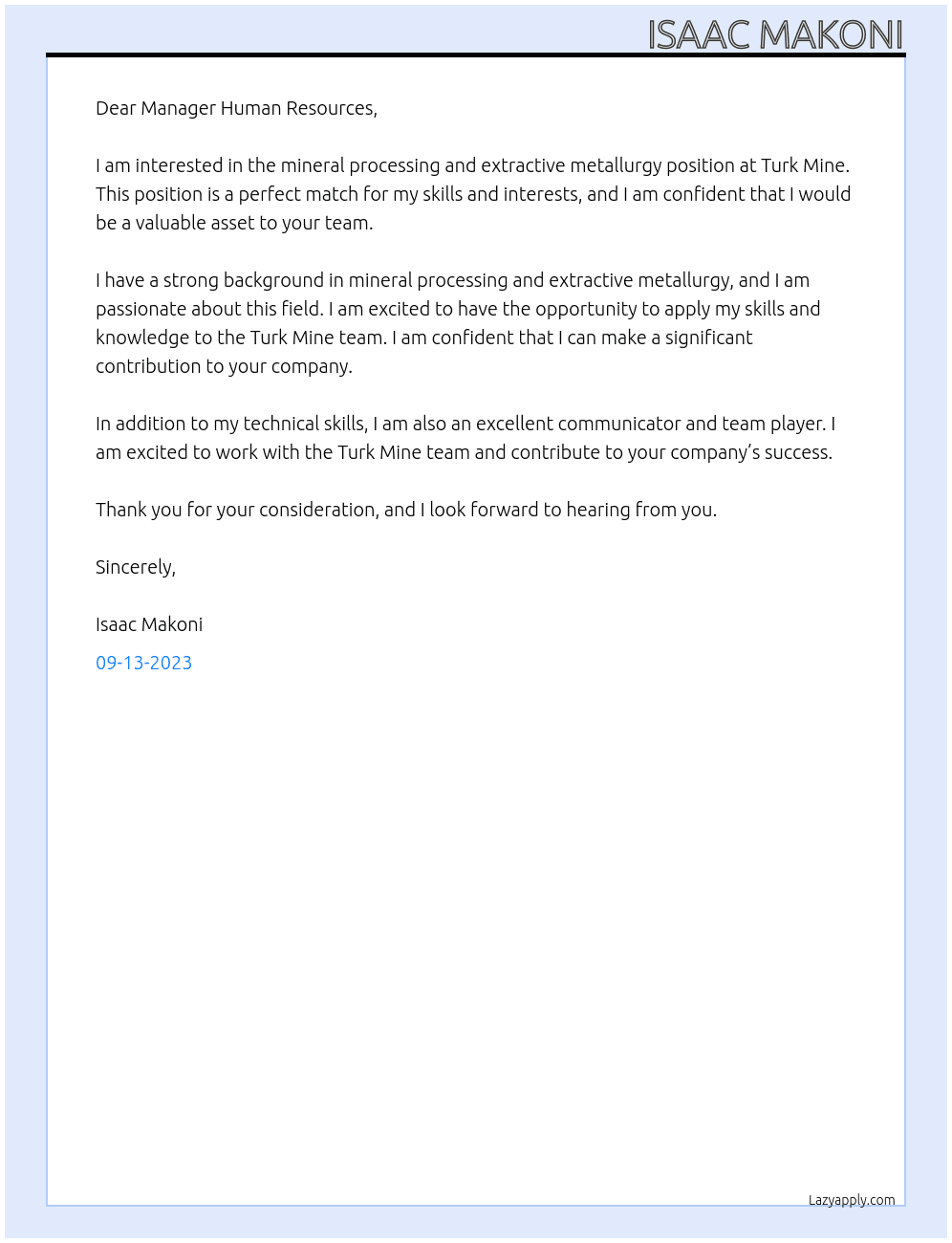 Mineral processing and extractive metallurgy  At Turk Mine Cover Letter