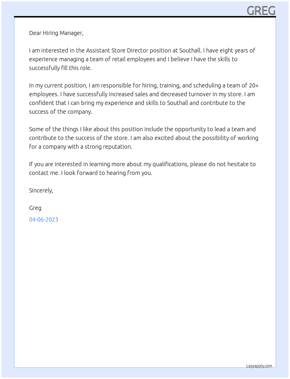 Assistant Store Director At Southall Cover Letter