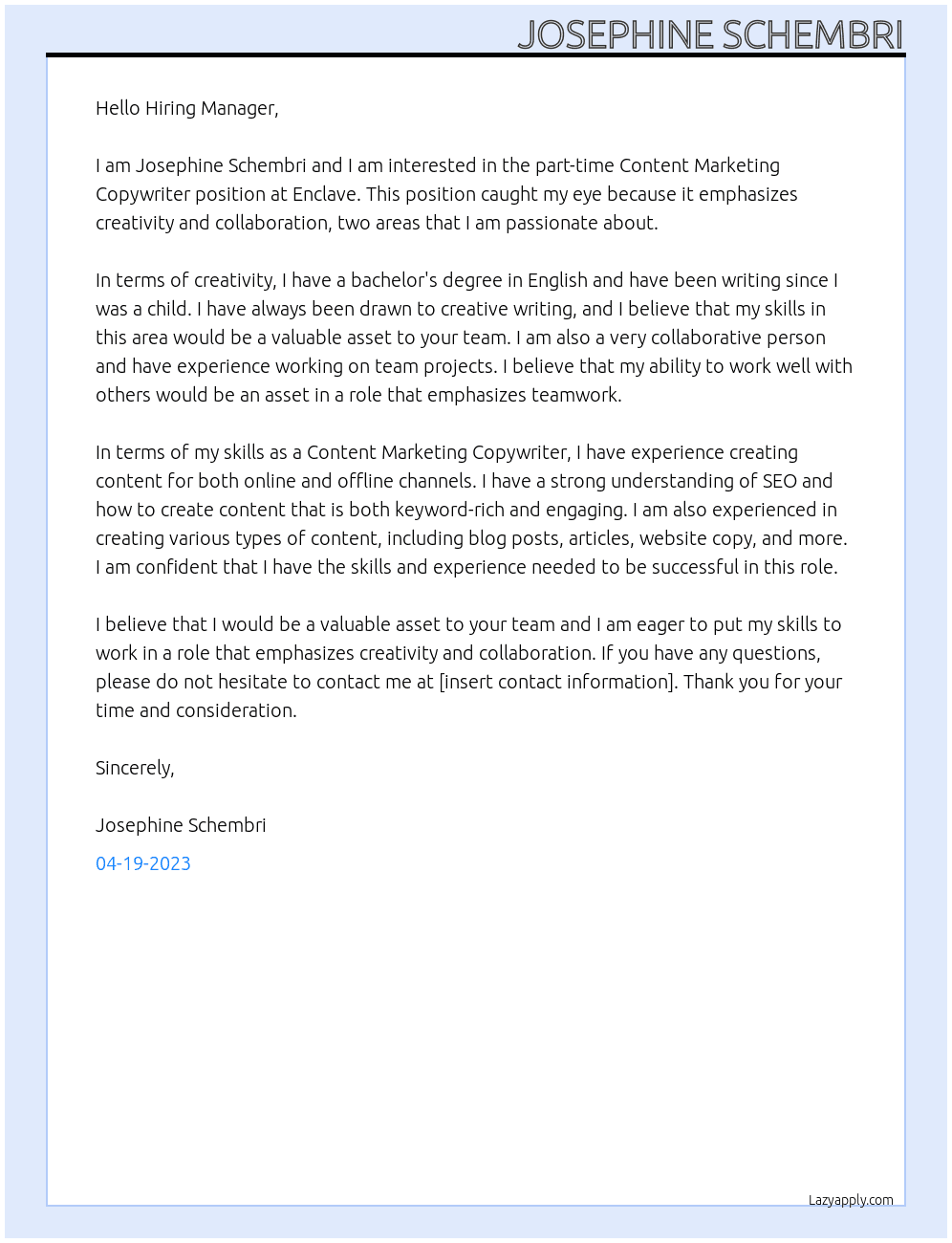 part-time Content Marketing Copywriter At Enclave  Cover Letter