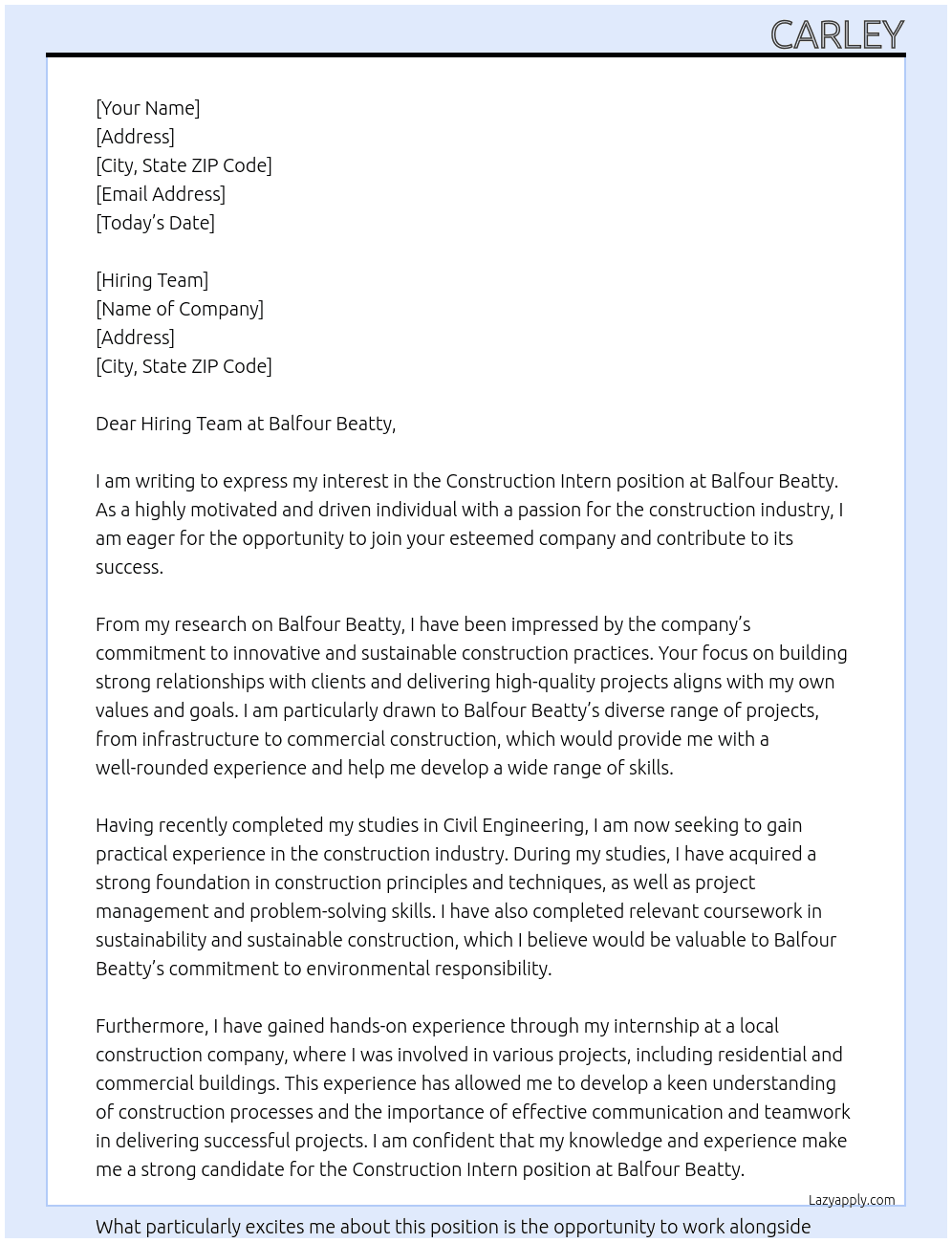 Construction Intern At Balfour Beatty Cover Letter