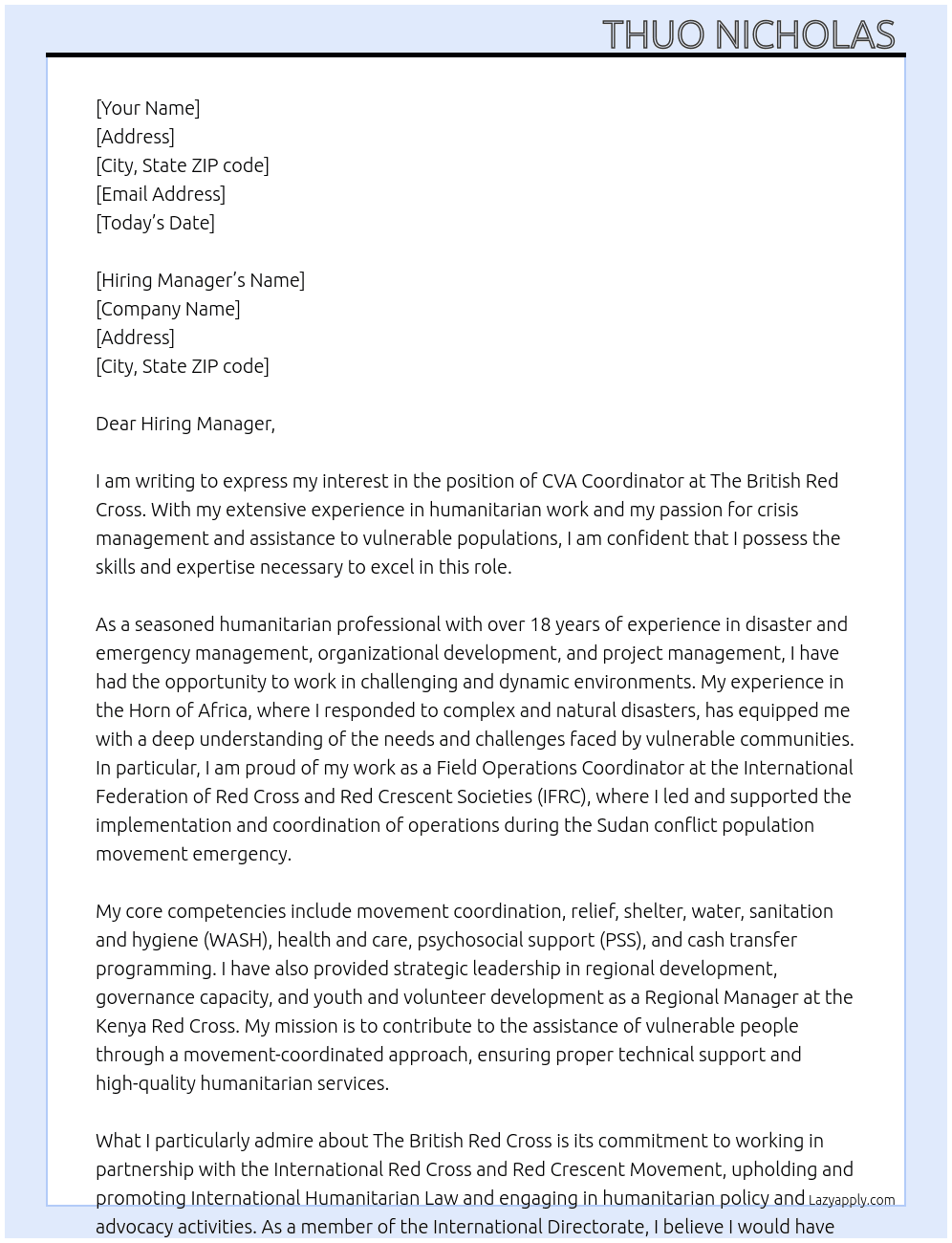 CVA Coordinator At The British Red Cross Cover Letter