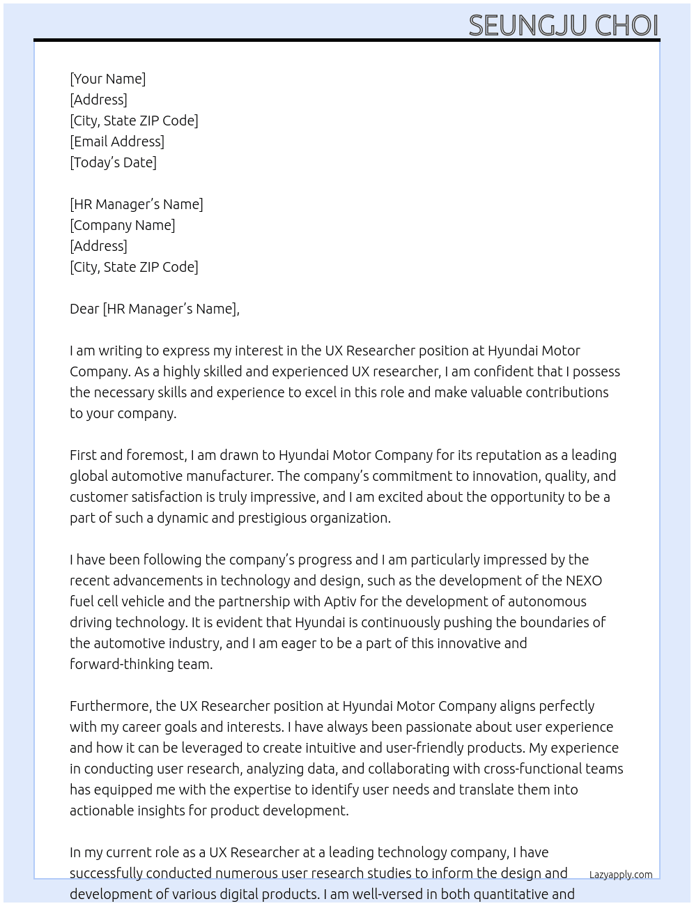 ux researcher At hyundai motor company Cover Letter