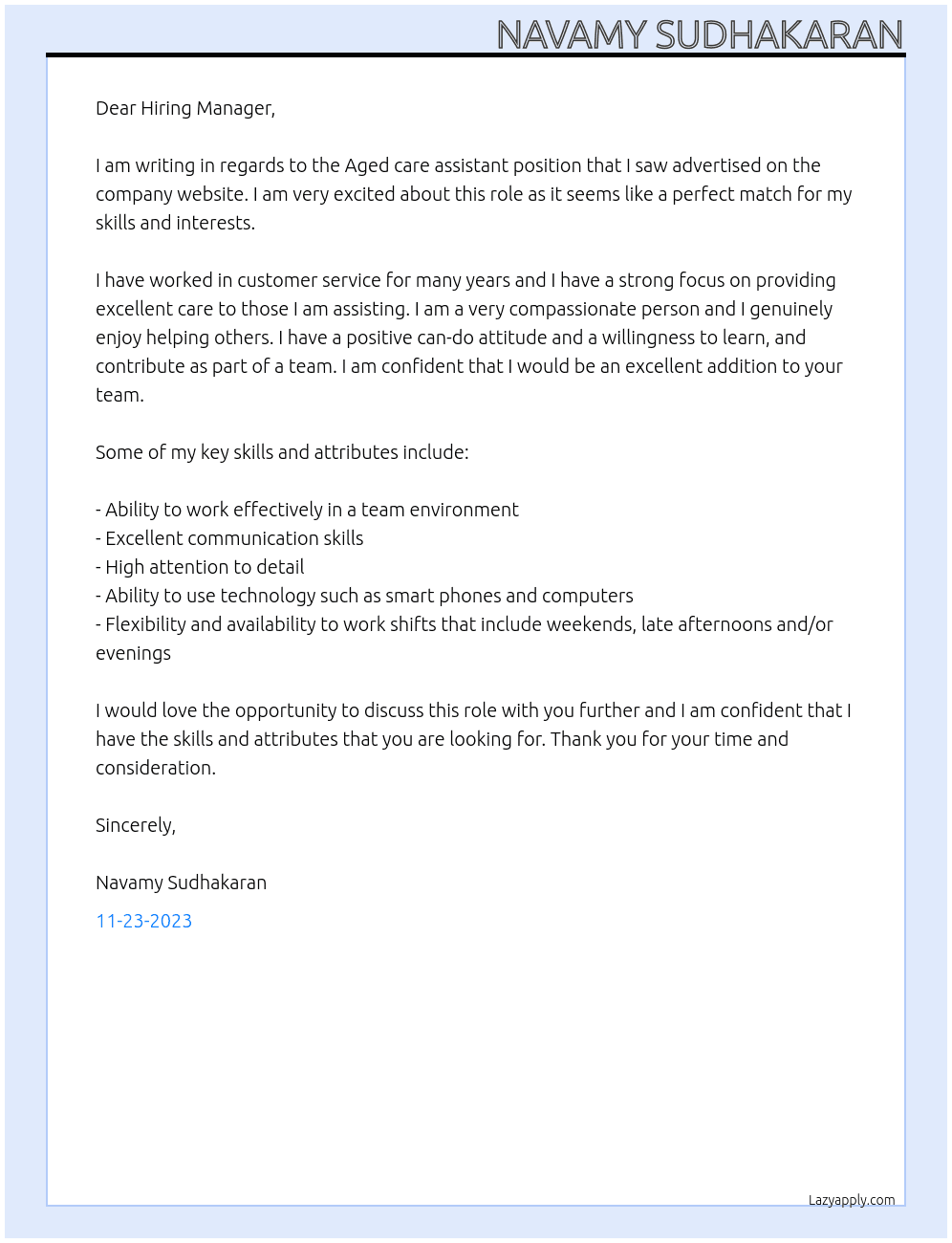 Aged care assistant At IRT Cover Letter