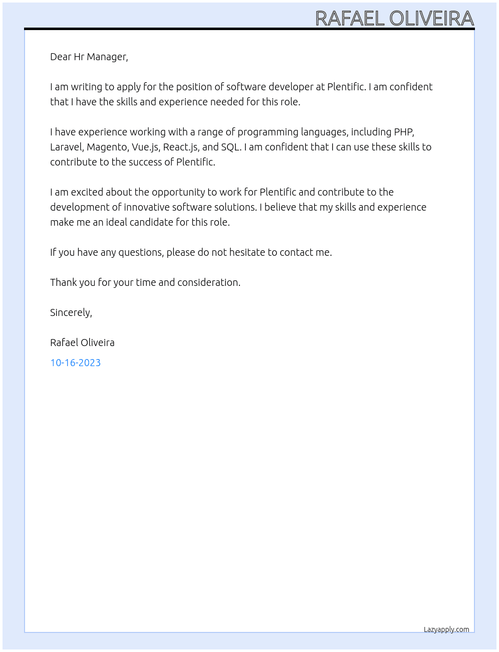 software developer At Plentific Cover Letter