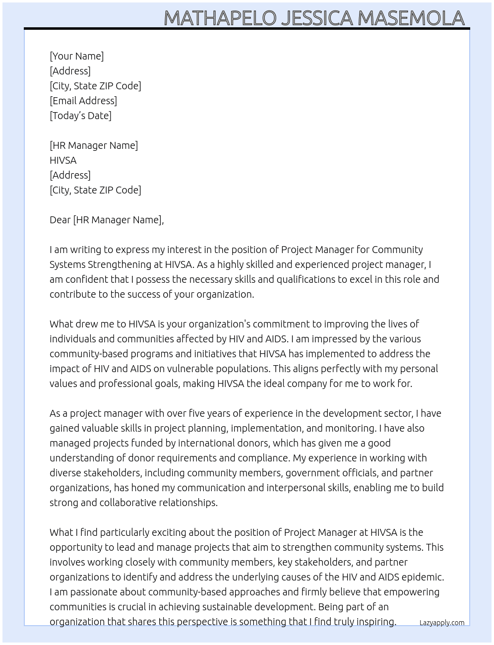 PROJECT MANAGER (Community Systems Strengthening) At HIVSA Cover Letter