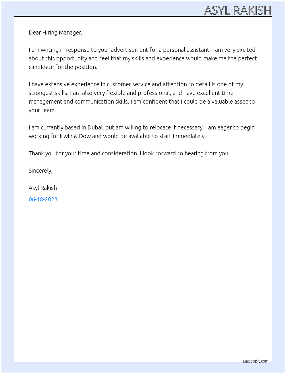 Personal assistant At Irwin & Dow Cover Letter