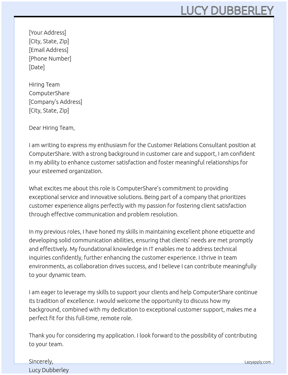 Customer relations consultant  At Computer share  Cover Letter