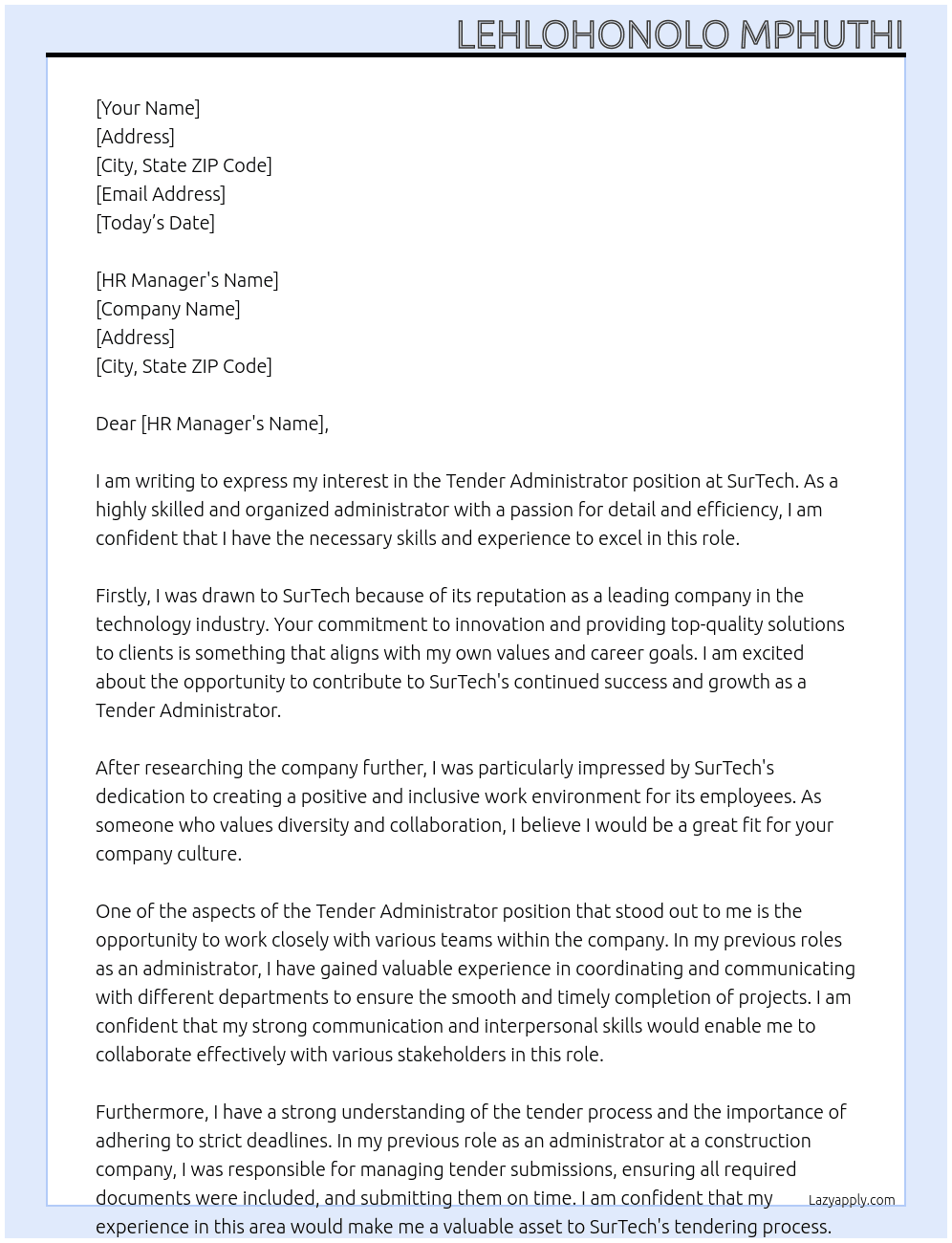 Tender Administrator  At SurTech  Cover Letter
