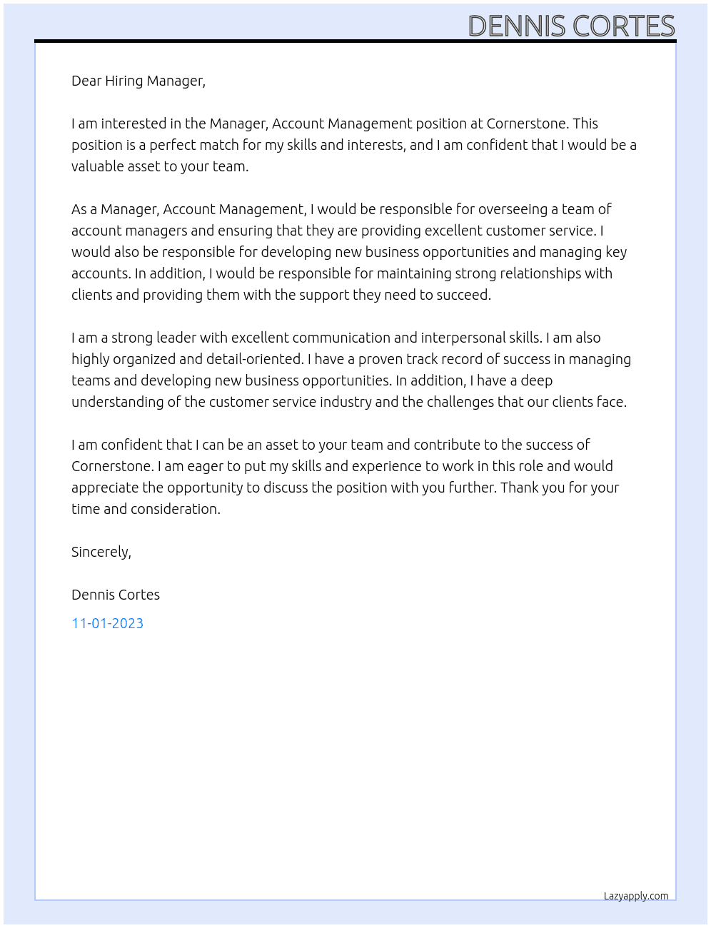 Manager, Account Management  At Cornerstone Cover Letter