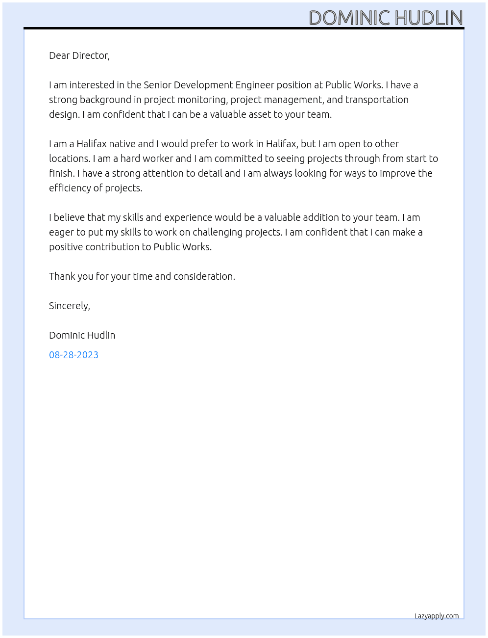 Senior development Engineer At Public Works Cover Letter