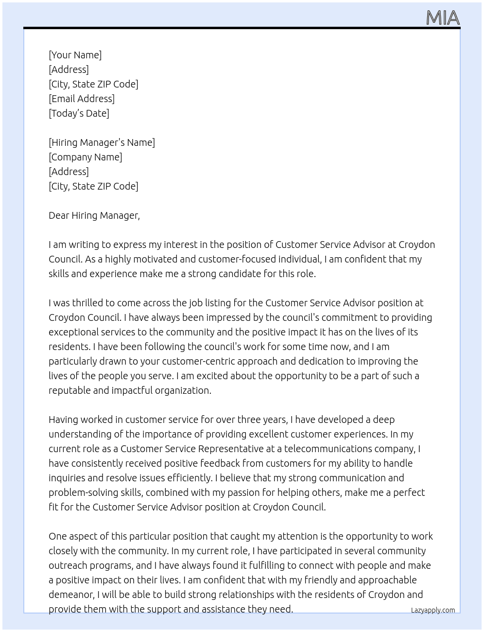 Customer Service Advisor At Croydon Council Cover Letter