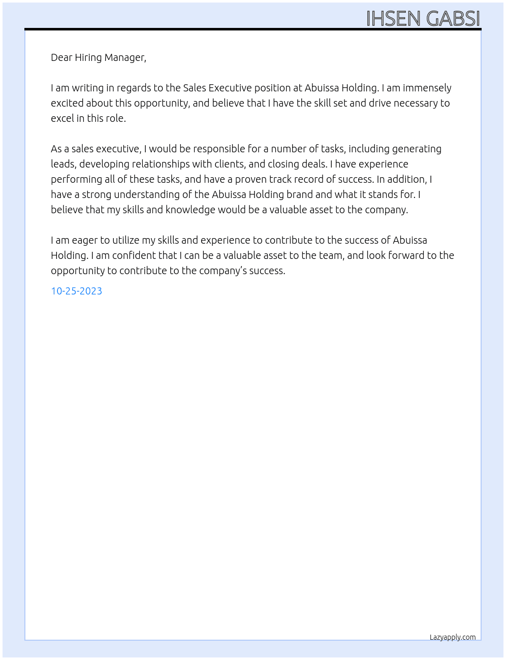 Sales executive At Abuissa holding Cover Letter