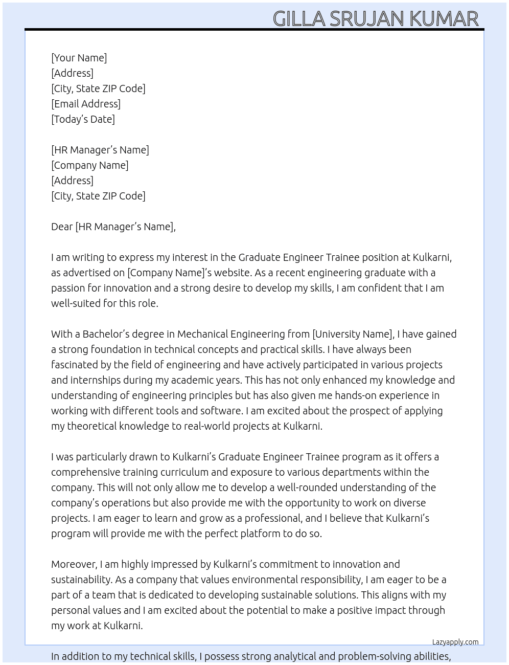 graduate engineer trainee At kulkarni Cover Letter