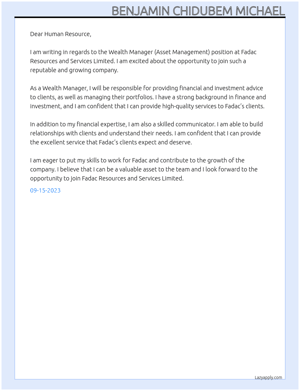 Wealth Manager (Asset Management) At Fadac Resources and Services Limited Cover Letter