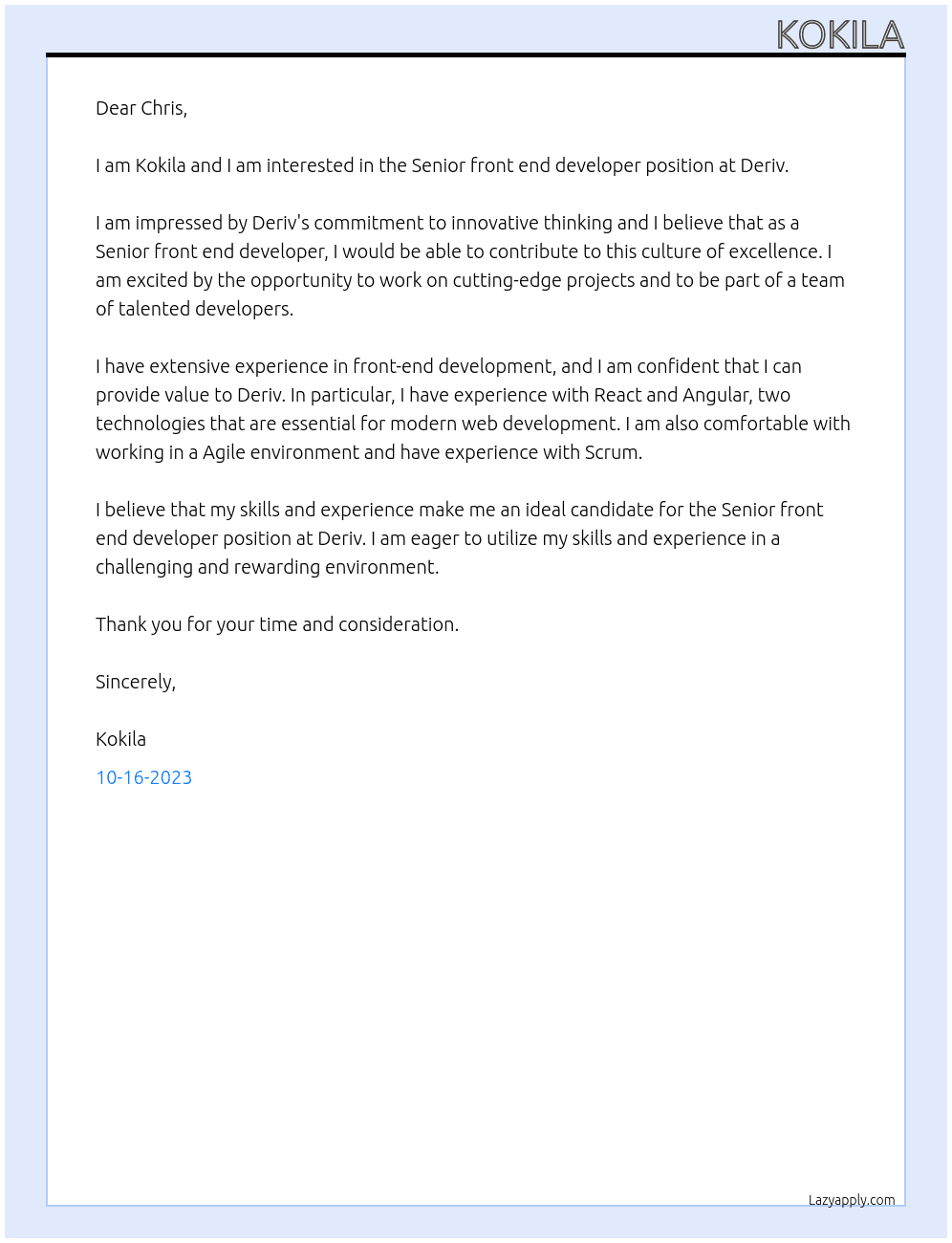 Senior front end developer At Deriv Cover Letter