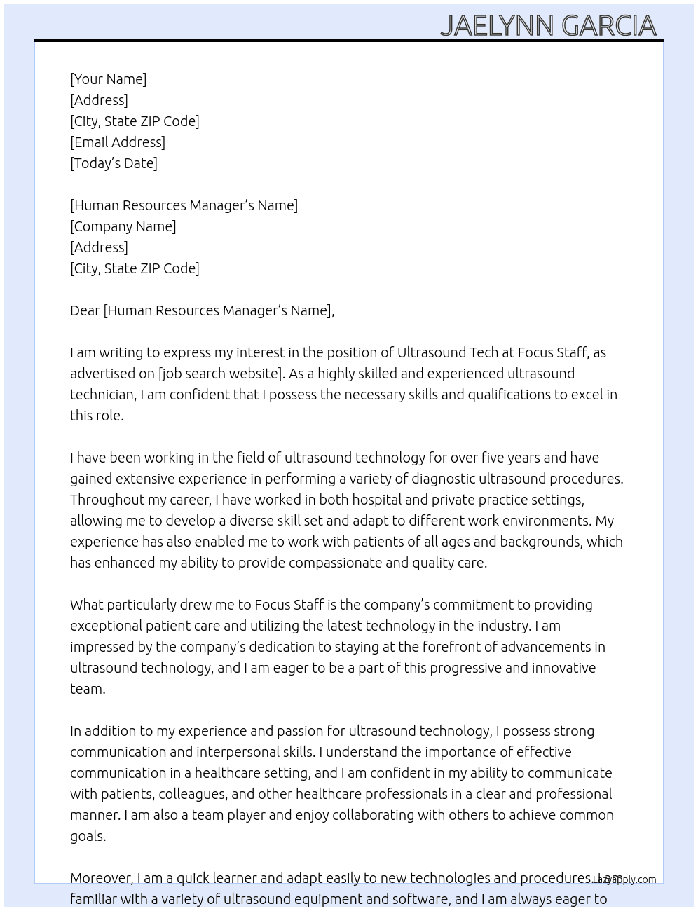 ultrasound tech  At Focus staff  Cover Letter