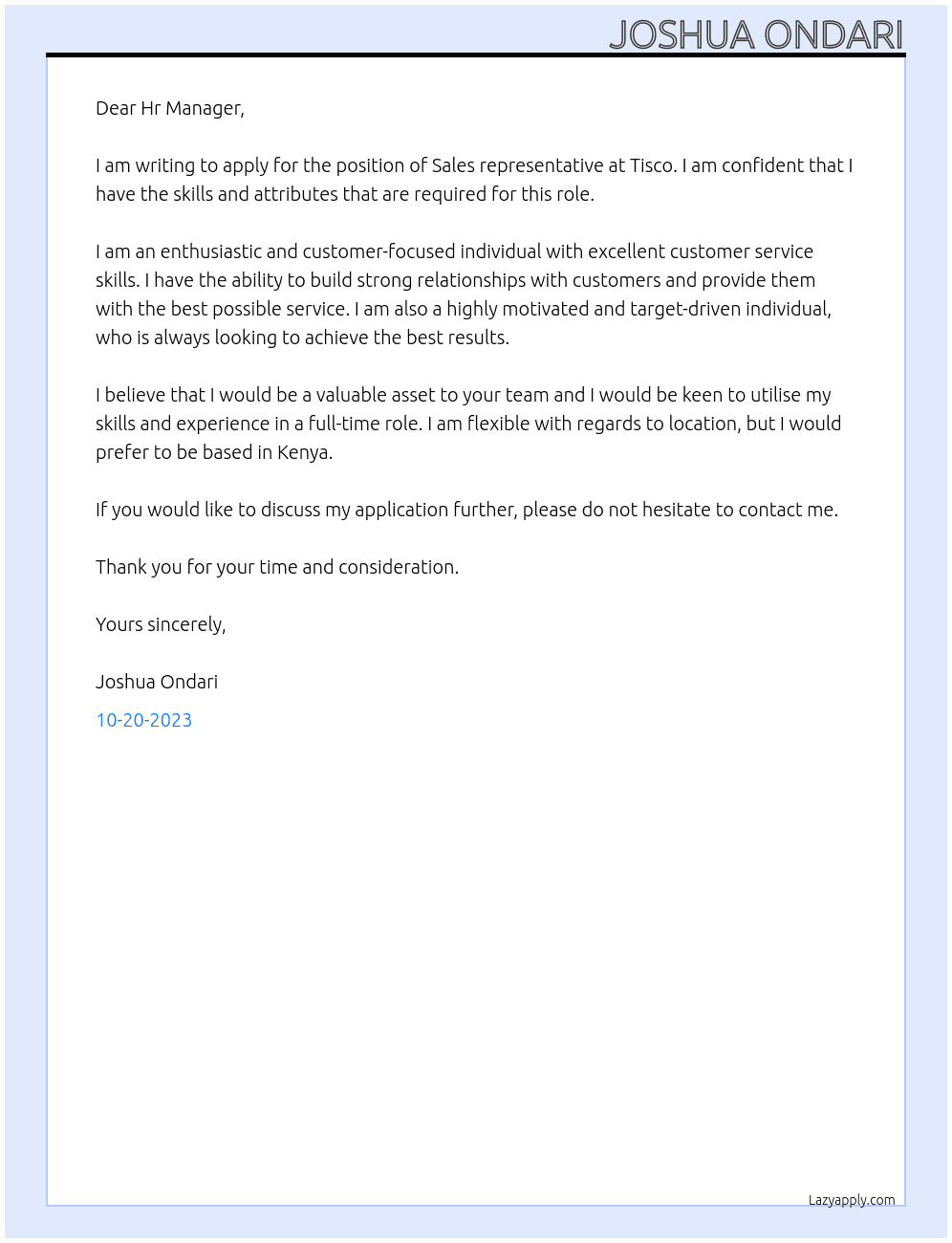 Sales representative At Tisco Cover Letter