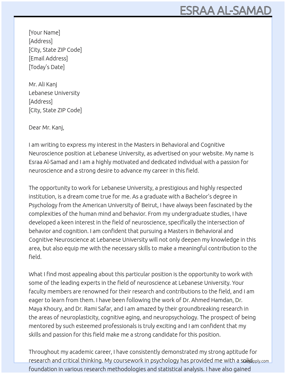 Masters in behavioral and cognitive neuroscience  At Lebanese University  Cover Letter