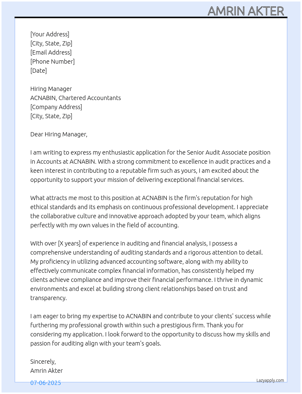 Accounts  At ACNABIN, chartered accountant  Cover Letter
