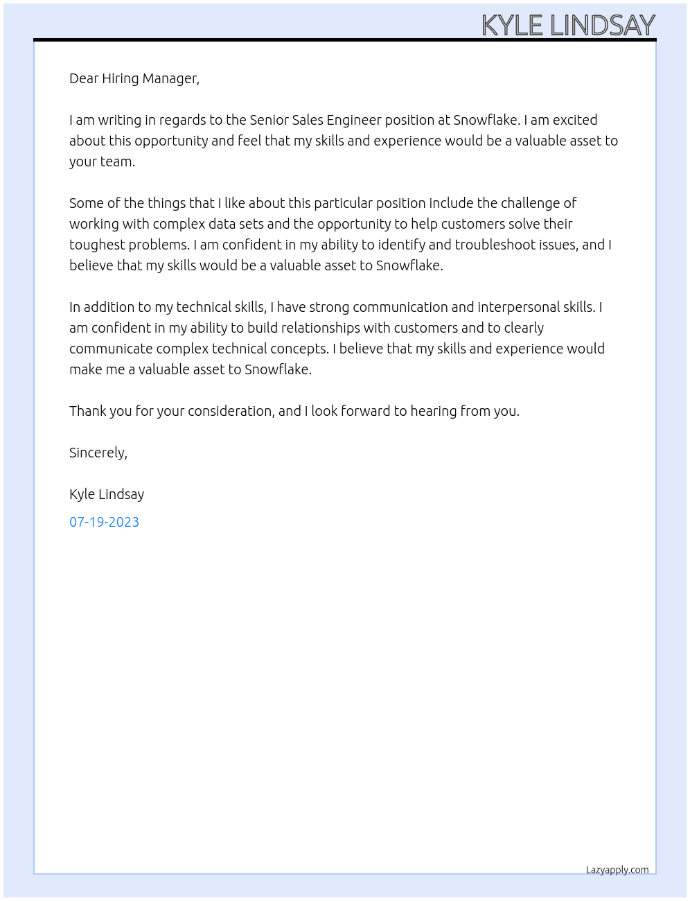 Senior Sales Engineer  At Snowflake Cover Letter