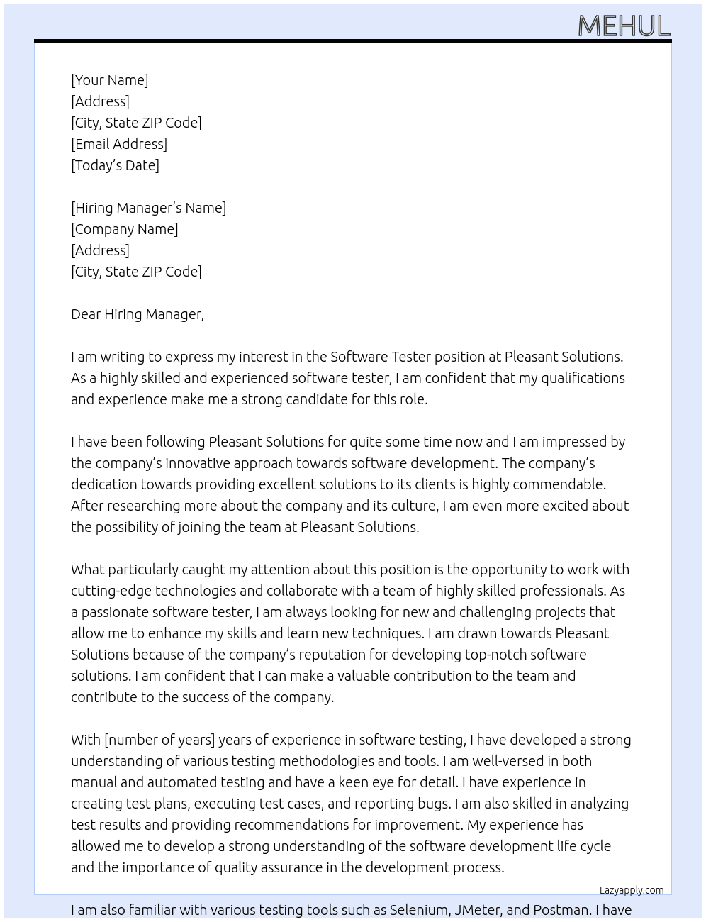 Software Tester At Pleasant Solutions Cover Letter