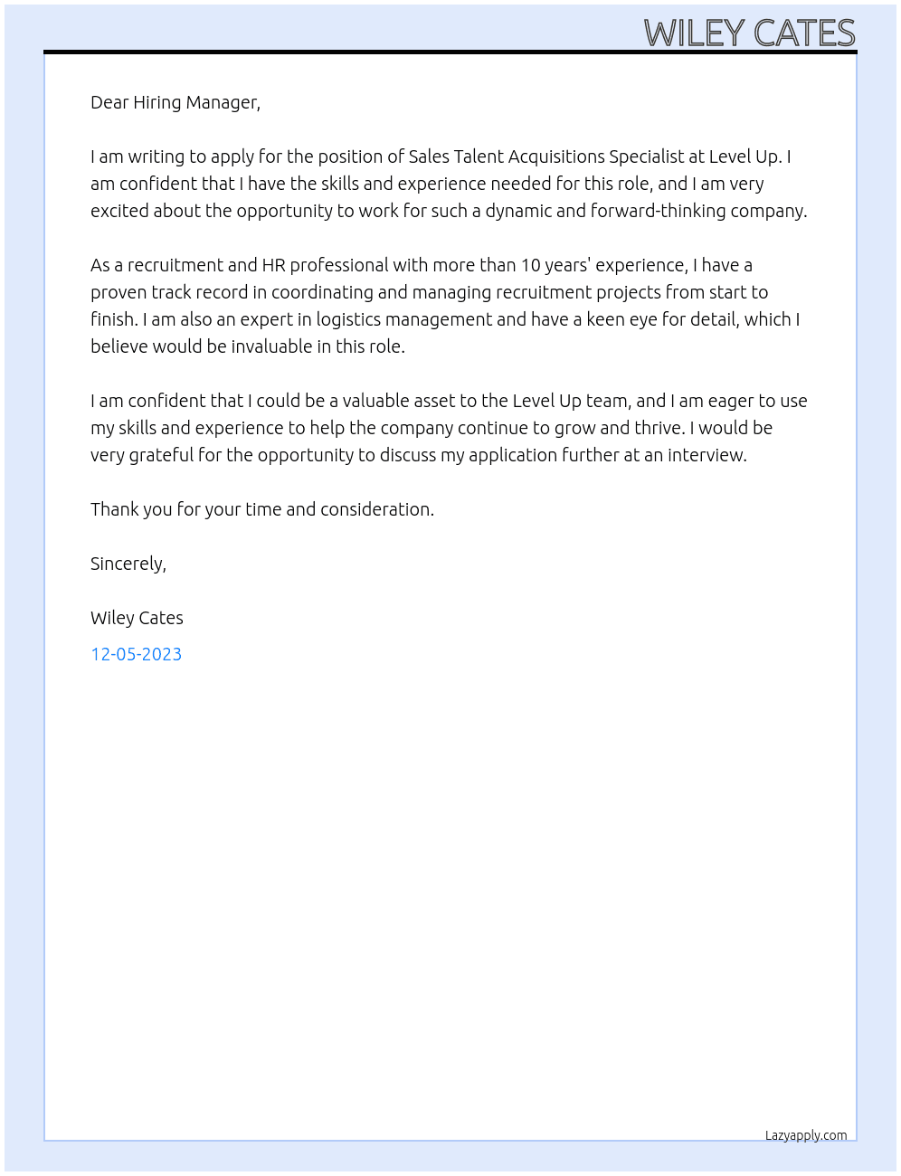 Sales Talent Acquisitions Specialist  At Level Up  Cover Letter
