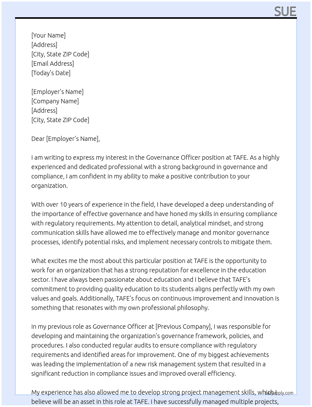 governance officer At TAFE Cover Letter