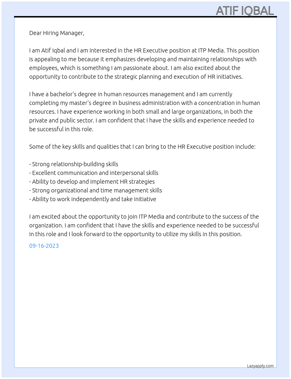 HR Executive  At ITP Media Cover Letter