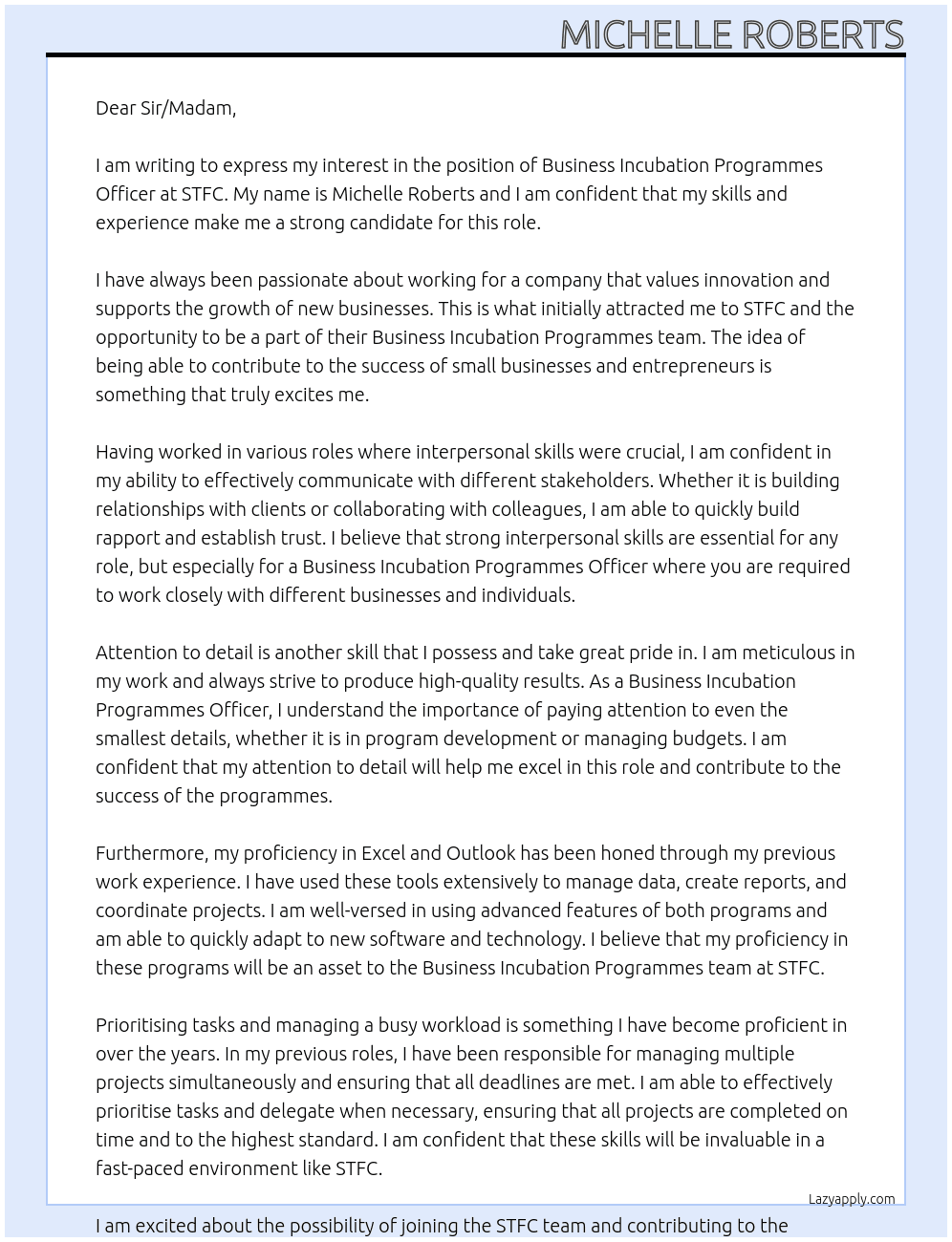 Business Incubation Programmes Officer At STFC Cover Letter