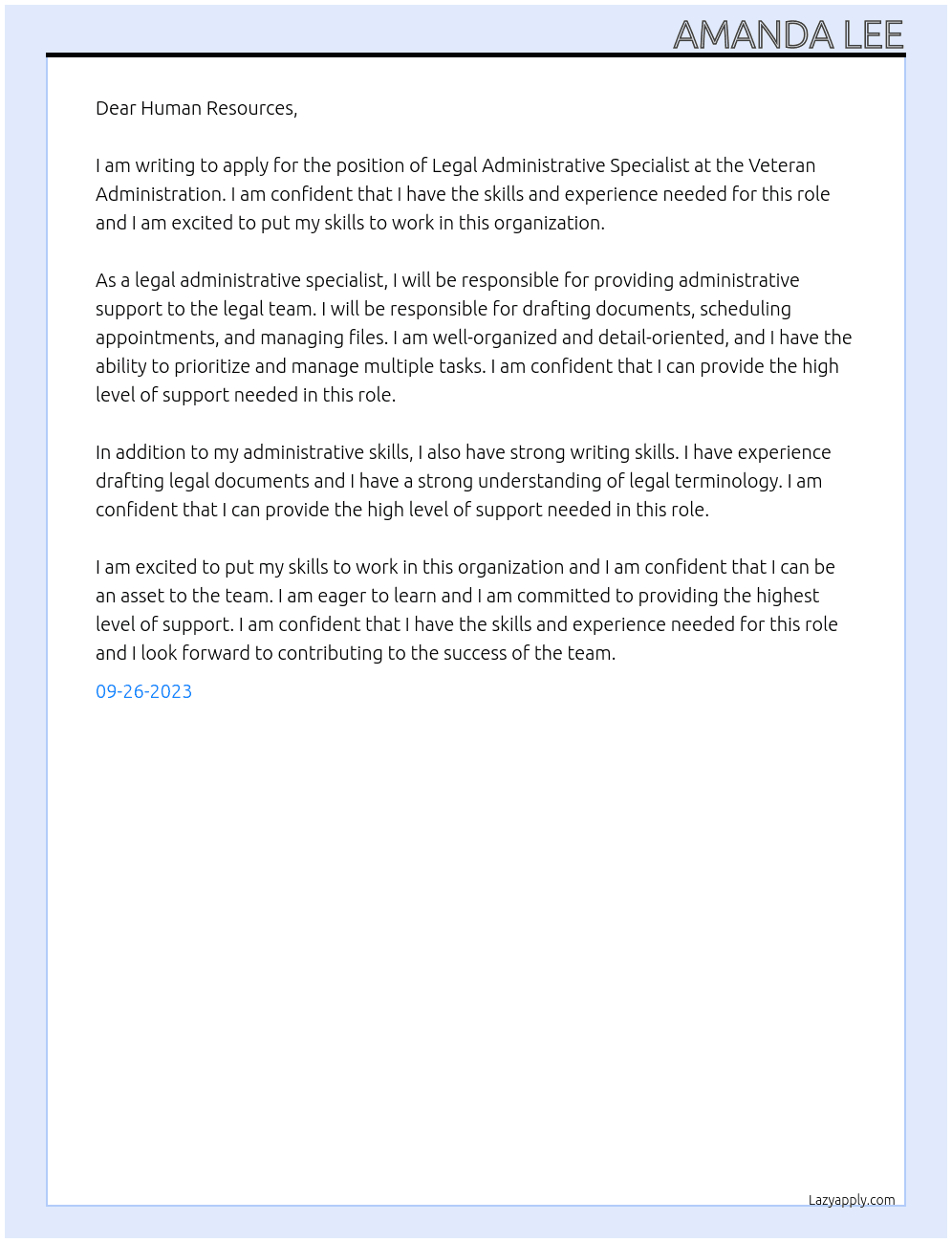 Legal Administrative Specialist At Veteran Administration  Cover Letter