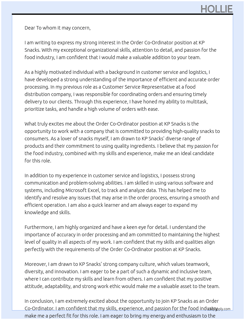 Order Co-Ordinator At KP Snacks Cover Letter