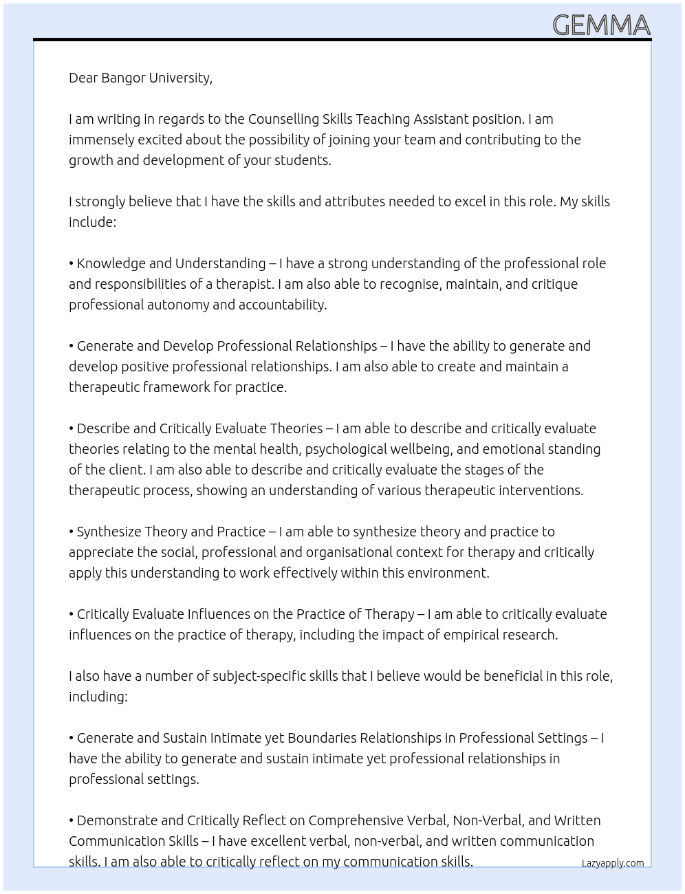 Counselling Skills Teaching Assistant  At Bangor University Cover Letter