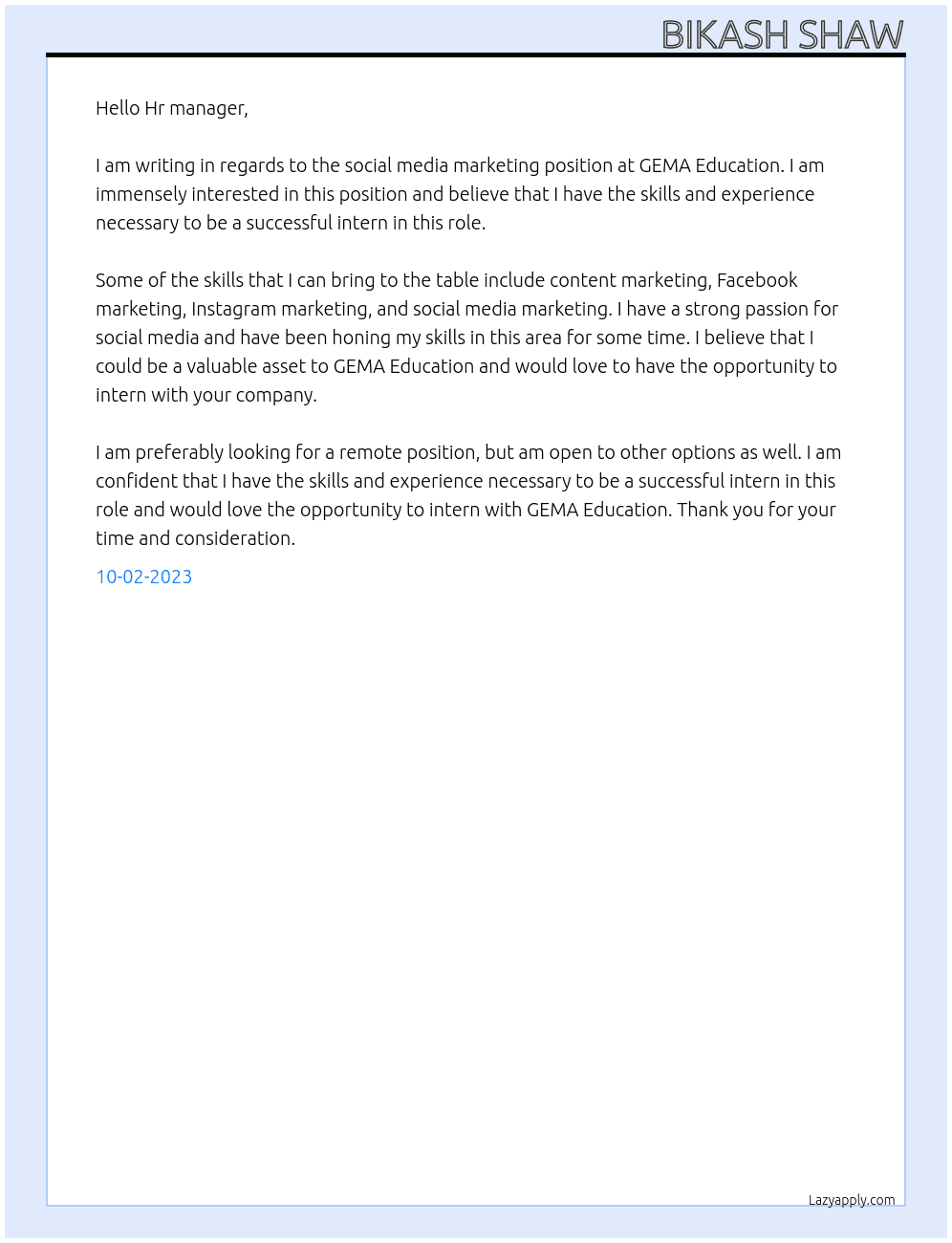 social media marketing At GEMA Education  Cover Letter